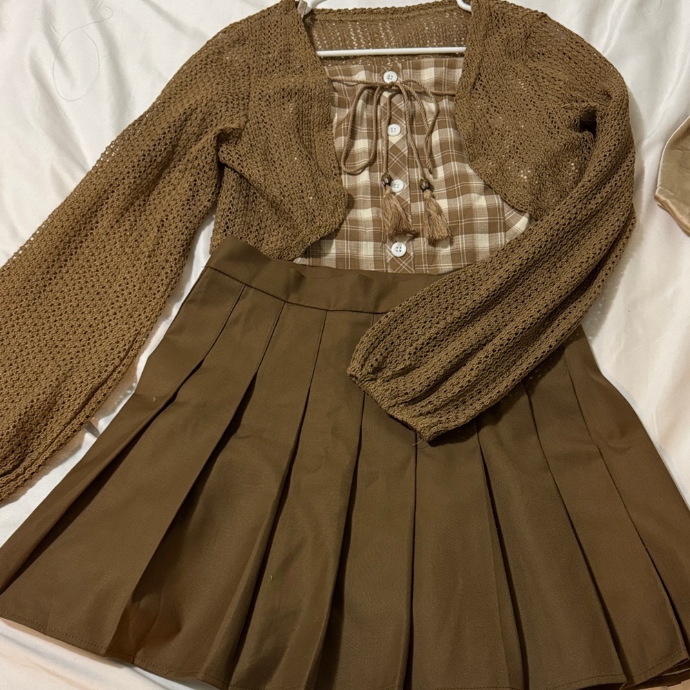 Brown Plaid Dress with Knit Cardigan Small size